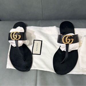Gucci GG Marmont Black Leather Flip Flops with Gold Detail